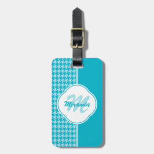 Etiqueta De Bagagem Monograma e Nome da Modern Turquoise Houndstooth