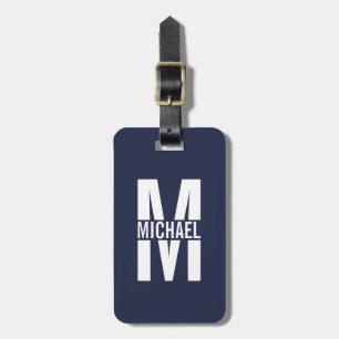 Etiqueta De Bagagem Monograma e Nome Personalizados Azul-marinho
