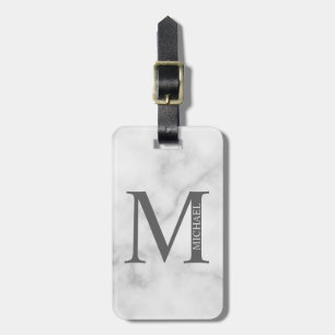 Etiqueta De Bagagem Monograma e Nome Personalizados do Marble Branco