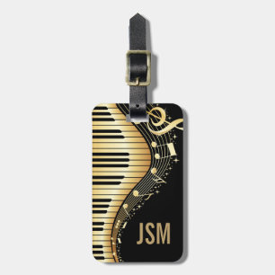 Etiqueta De Bagagem Monograma Elegante Black E Dourado Music Notes Des