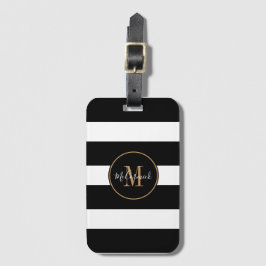 Etiqueta De Bagagem Monograma Elegante Black White Strips Nome Dourado