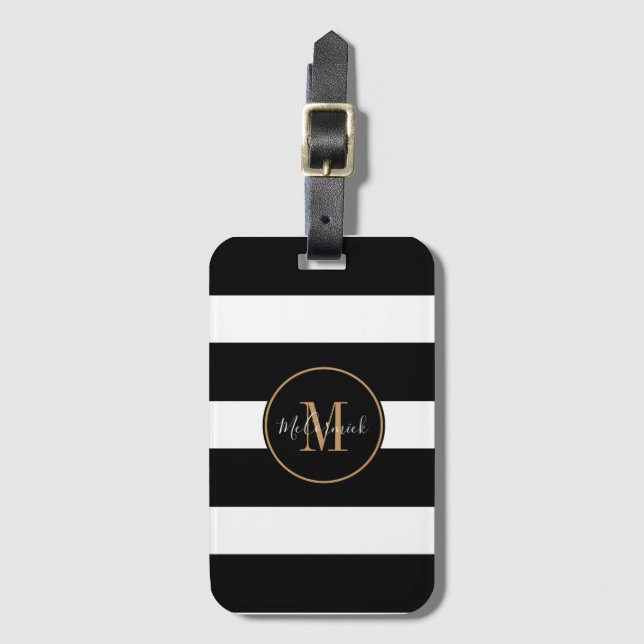Etiqueta De Bagagem Monograma Elegante Black White Strips Nome Dourado (Frente Vertical)