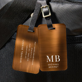 Etiqueta De Bagagem Monograma Elegante Cobre Marrom Metálico Brilhante