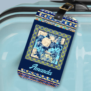 Etiqueta De Bagagem Monograma elegante de chinoiserie azulejo azul flo