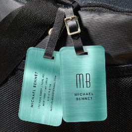Etiqueta De Bagagem Monograma Elegante em Metal Escovado Verde Turques