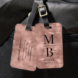 Etiqueta De Bagagem Monograma Elegante em Rosa Dourado