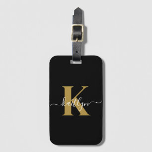 Etiqueta De Bagagem Monograma Elegante em Script Dourado Preto