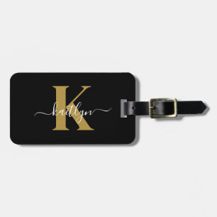 Etiqueta De Bagagem Monograma Elegante em Script Dourado Preto