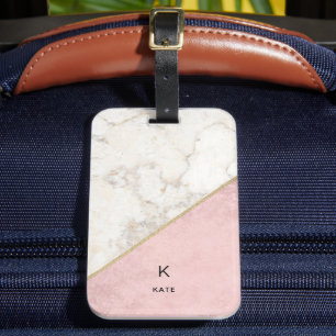 Etiqueta De Bagagem Monograma Elegante Marble Minimalista Rosa Dourado