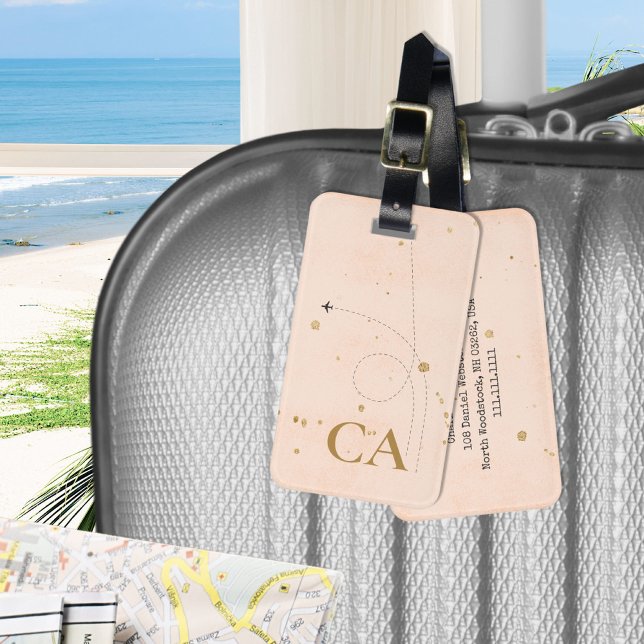Etiqueta De Bagagem Monograma Elegante Mínimo Dourado Rosa Pêssego (Minimalist Elegant Monogram Gold Peach Pink Luggage Tag ©Susanne Sachers - Sunny Wanderlust 🌞✈️)