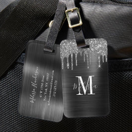 Etiqueta De Bagagem Monograma Elegante Preto com Brilho e Pingente