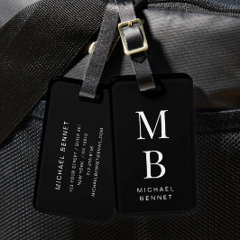 Etiqueta De Bagagem Monograma Elegante Preto e Branco
