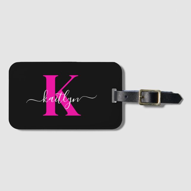 Etiqueta De Bagagem Monograma Elegante Preto e Rosa Script (Frente Horizontal)