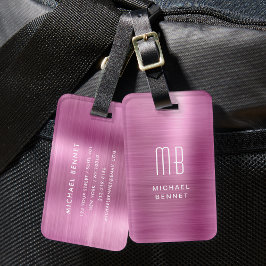 Etiqueta De Bagagem Monograma Elegante Rosa Metal Brusado
