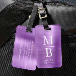 Etiqueta De Bagagem Monograma Elegante Roxo Metálico Brilhante