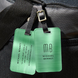 Etiqueta De Bagagem Monograma Elegante Verde em Metal Polido