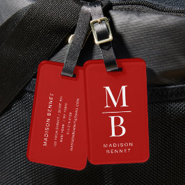 Etiqueta De Bagagem Monograma Elegante Vermelho e Branco