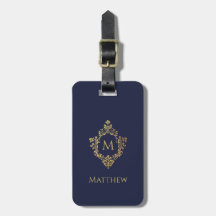 Monograma em Azul Naval Elegante com Folha de Ouro