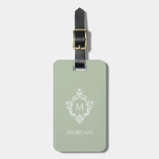Etiqueta De Bagagem Monograma em Crista Verde Sage Branco Vintage Inic