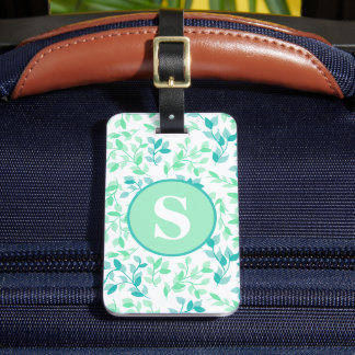 Etiqueta De Bagagem Monograma Florais Verde Azulado Bonito Personaliza