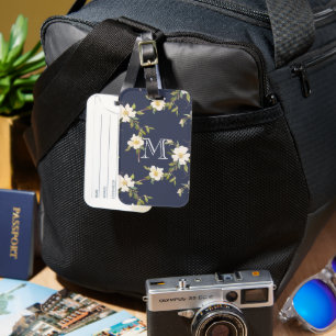 Etiqueta De Bagagem Monograma Floral Azul Marinho Branco