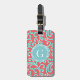 Etiqueta De Bagagem Monograma floral azul vermelho feminino elegante
