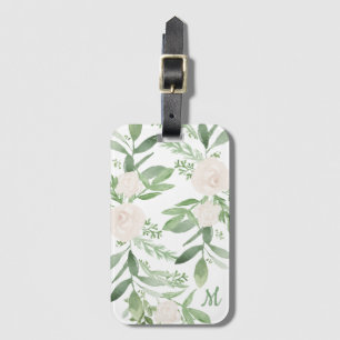 Etiqueta De Bagagem Monograma floral branco e verde elegante