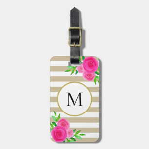 Etiqueta De Bagagem Monograma Floral de Cor-de-Água Rosa Branco bege