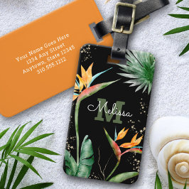 Etiqueta De Bagagem Monograma Floral de Ilha Tropical Dourado Preto