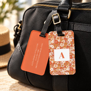 Etiqueta De Bagagem Monograma Floral Laranja Retro para Viagem de Meni