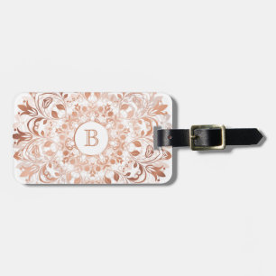 Etiqueta De Bagagem Monograma Floral Mandala Branco Dourado rosa