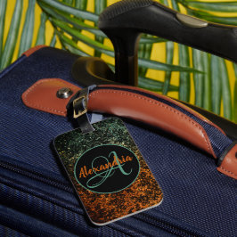 Etiqueta De Bagagem Monograma Floral na moda Laranja e Preto Verde