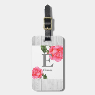 Etiqueta De Bagagem Monograma Floral Personalizado de Rosas Rosa-Cor-d