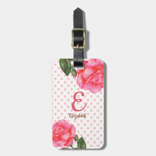Etiqueta De Bagagem Monograma Floral Personalizado de Rosas Rosa-Cor-d