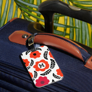 Etiqueta De Bagagem Monograma Floral Vermelho e Laranja Moderno