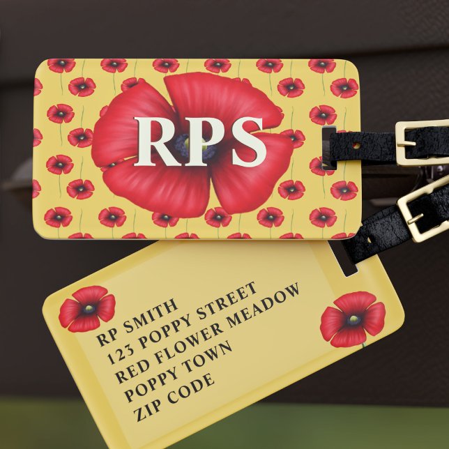 Etiqueta De Bagagem Monograma Floral Vermelho Monograma Amarelo Bagage (Pop your initials and address on this poppy luggage tag and pop on a plane to paradise)