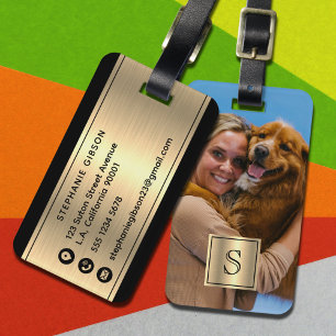 Etiqueta De Bagagem Monograma, Foto Personalizada Preto e Luxo em Ouro