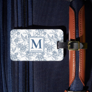 Etiqueta De Bagagem Monograma Francês Azul Vintage Floral Toile de Jou