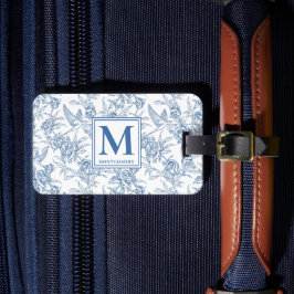Etiqueta De Bagagem Monograma Francês em Azul Vintage Floral Toile de 
