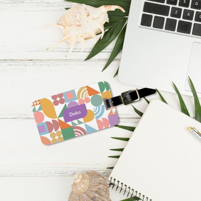 Etiqueta De Bagagem Monograma Geométrico Curto e Moderno (Criador carregado)