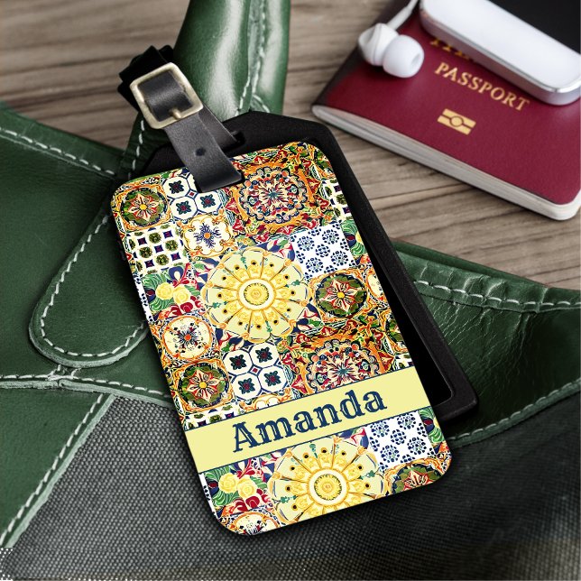 Etiqueta De Bagagem Monograma geométrico dos azulejos de laranja medit (Criador carregado)