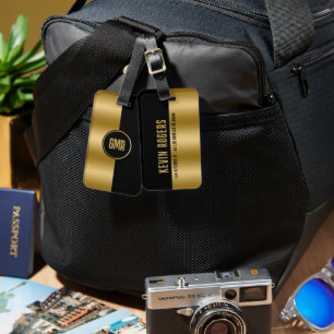 Etiqueta De Bagagem Monograma Geométrico, Dourado e Preto, em Stripe 2