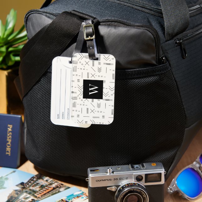 Etiqueta De Bagagem Monograma Geométrico Moderno, Gordo Branco Negro (Frente e Verso)