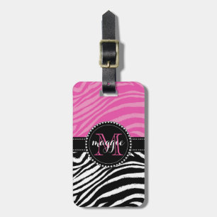 Etiqueta De Bagagem Monograma girly2 do impressão da zebra do rosa