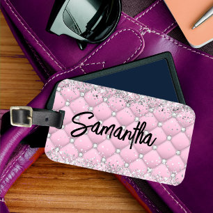 Etiqueta De Bagagem Monograma glitter cintilante prateado rosa elegant