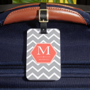 Etiqueta De Bagagem Monograma Hexágono Coral Chevron Cinza Personaliza