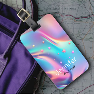 Etiqueta De Bagagem Monograma holográfico de estrelas unicórnicas chic