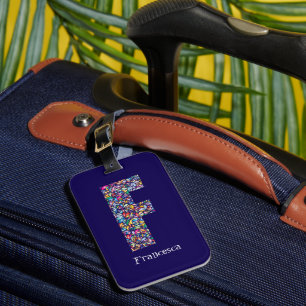 Etiqueta De Bagagem Monograma Inicial F floral verde roxo amarelo azul