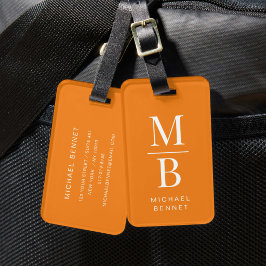 Etiqueta De Bagagem Monograma Laranja Elegante