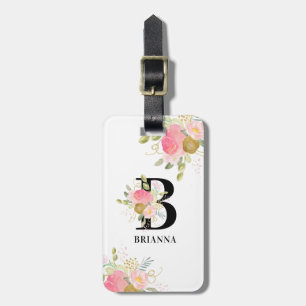 Etiqueta De Bagagem Monograma - Letra floral rosa e Buquê Dourado